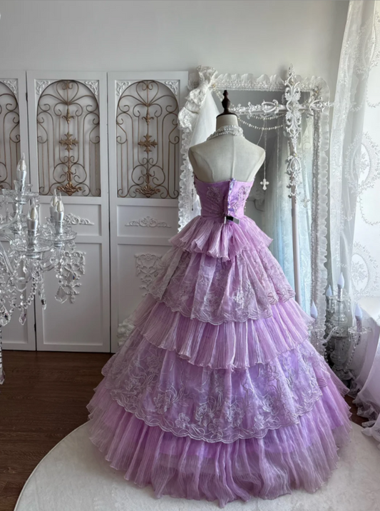 Gorgeous Strapless Purple Prom Dress Sequins Tiered A-Line Evening Dress GG7444