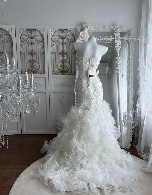 Alluring Strapless Wedding Dress Floral Sequins Ruffles Mermaid Bridal Dress GG7466