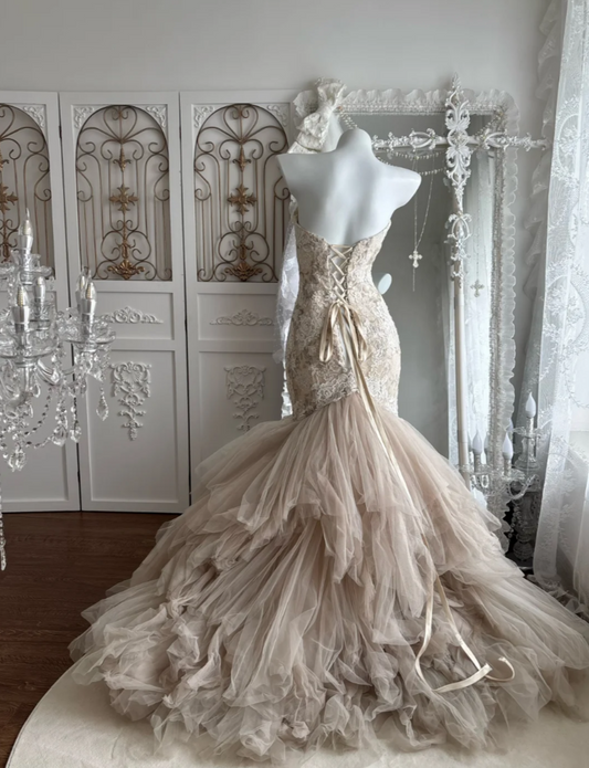 Glam Strapless Beige Prom Dress Appliques Tulle Mermaid Evening Dress GG7476