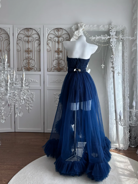 Retro Strapless Blue Homecoming Dress Beading Tulle A-Line Birthday Dress GG7484