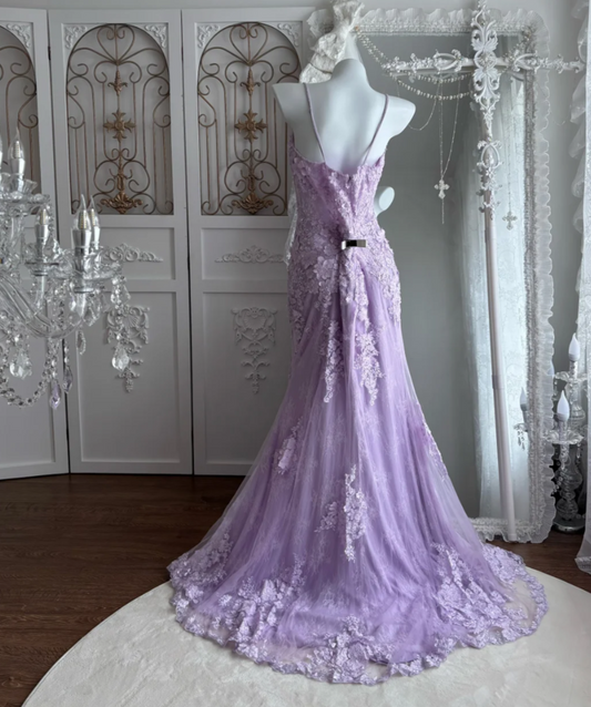 Playful Spaghetti Straps Prom Dress Lace Appliques Slit Mermaid Evening Dress GG7485