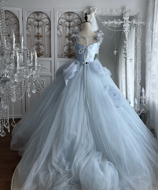 Elegant Sleeveless Blue Prom Dress Appliques Handmade Flowers A-Line Evening Dress GG7491