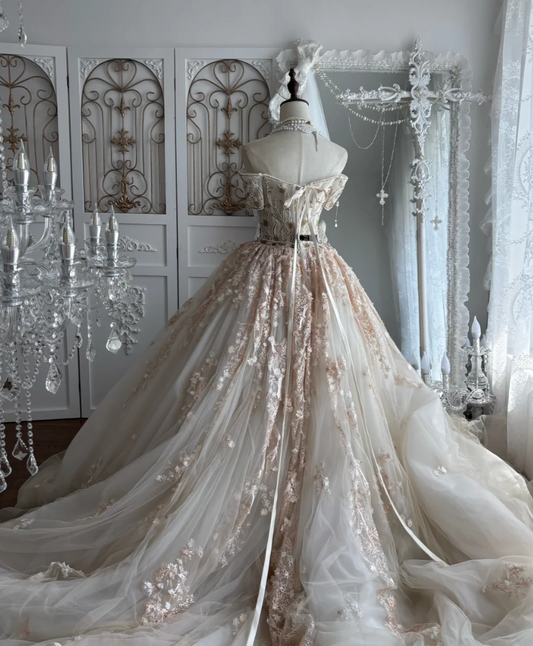 Attractive Off-Shoulder Apricot Prom Dress Appliques Sequins A-Line Evening Dress GG7494
