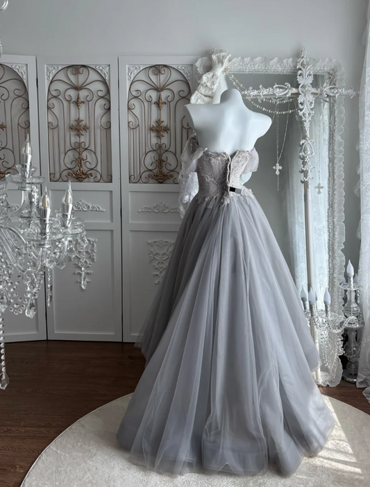 Glam Off-Shoulder Homecoming Dress Grey Sequins Lace Tulle A-Line Birthday Dress GG7496