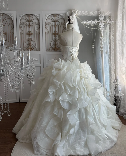 Ornate Strapless Beading Wedding Dress Lace Ruffles A-Line Bridal Dress GG7505