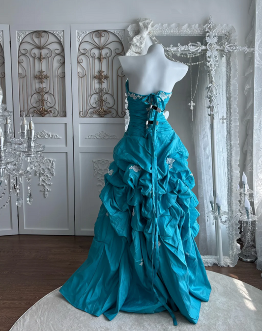 Vintage Strapless Blue Prom Dress Appliques A-Line Evening Dress GG7515