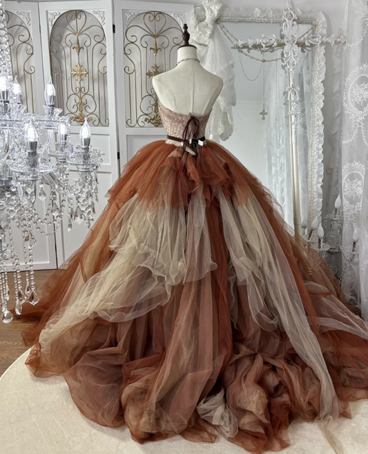 Retro Strapless Brown Prom Dress Sequins Tulle A-Line Evening Dress GG7556