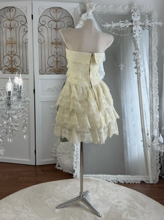 Classical Strapless Ivory Homecoming Dress Floral Tiered Lace A-Line Birthday Dress GG7558