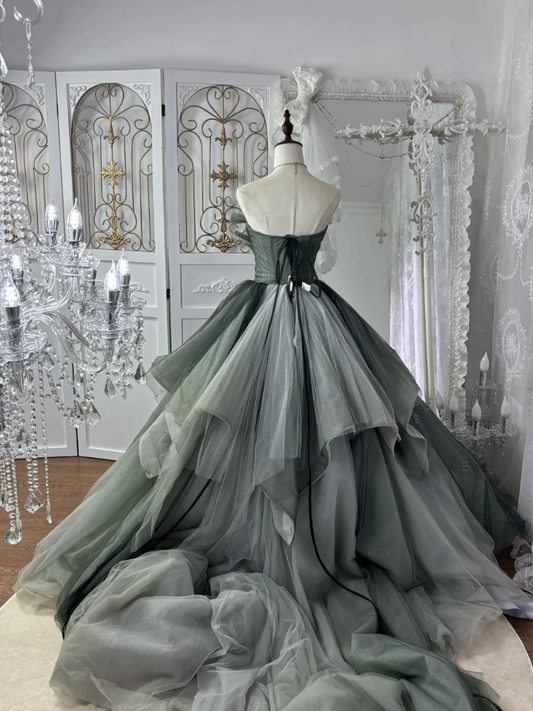 Fascinating Strapless Green Prom Dress Tulle Sequins A-Line Evening Dress GG7568