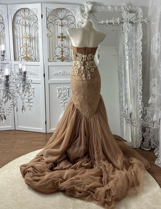 Y2K Strapless Brown Prom Dress Appliques Tulle Mermaid Evening Dress GG7576