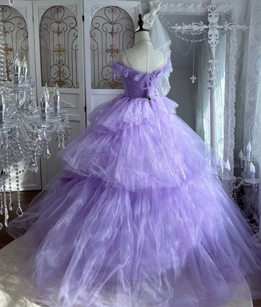 Ornate Off The Shoulder Prom Dress Purple Tulle Floral A-Line Evening Dress GG7593