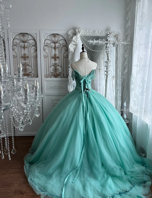 Unique Off The Shoulder Green Prom Dress Beading Tulle A-Line Evening Dress GG7651