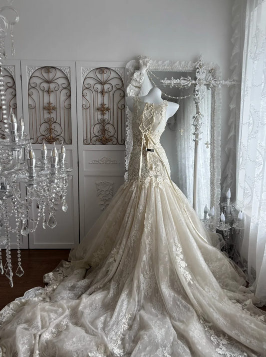 Elegant Jewel Neck Wedding Dress Appliques Tulle Mermaid Bridal Dress GG7652