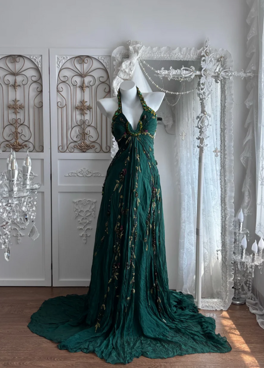 Ornate Halter Neck Green Prom Dress Crystals Embroidery A-Line Evening Dress GG7656
