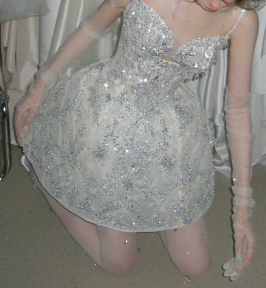Shiny Spaghetti Straps Homecoming Dress White Sequins Beaded A-Line Birthday Dress GG7848