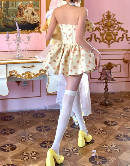 Playful Strapless Homecoming Dress Yellow Floral A-Line Birthday Dress GG7909