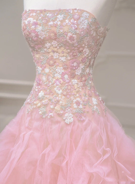 Luxurious A Line Strapless Pink Tulle Applique Long Prom Dress,Party Dress,Evening Dress GG888