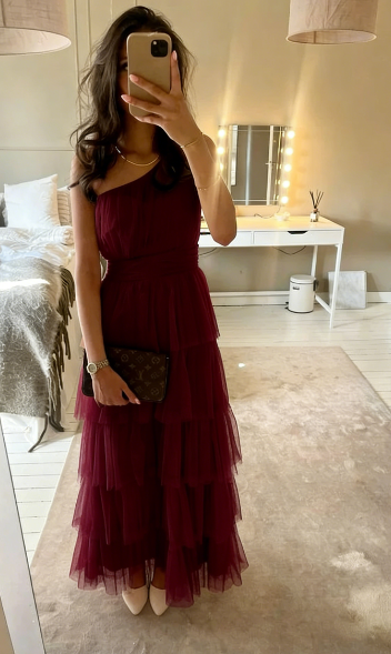 Classy A Line One Shoulder Tiered Tulle Without Sleeves Long Prom Dress,Evening Dress GG5384