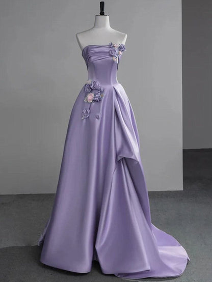 Elegant Green A-line Satin with Flowers Long Evening Dress, Party Dress,Prom Dress GG006
