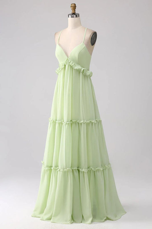 Sexy Ruffles A Line Dress V-neck With Lace-Up Back Prom Dresses GG007