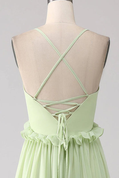 Sexy Ruffles A Line Dress V-neck With Lace-Up Back Prom Dresses GG007