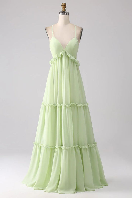 Sexy Ruffles A Line Dress V-neck With Lace-Up Back Prom Dresses GG007