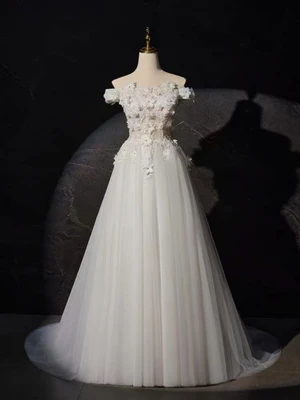 Delicate A Line Off the Shoulder White Lace Prom Dresses, White Lace Formal Evening Dresses  GG018