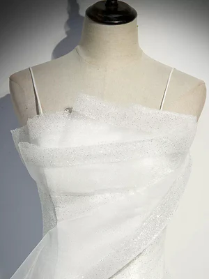 Shiny Sequins White Mermaid Spaghetti strap Tulle  Long Prom Dresses, White Mermaid Long Formal Evening Dresses GG030