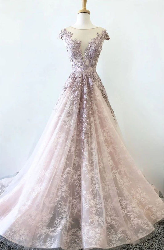 New Unique A Line Sheer Straps Beaded Tulle Lace Long Prom Dress GG042