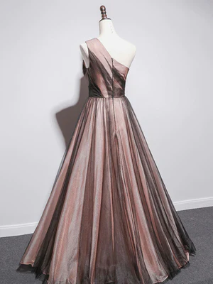 New A Line One Shoulder Brown Tulle Prom Dresses, Brown Tulle Formal Evening Dresses GG047