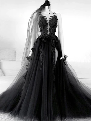 New A Line  Black V Neck Backless Lace Prom Dresses, Open Back Black Lace Formal Graduation Dresses GG050