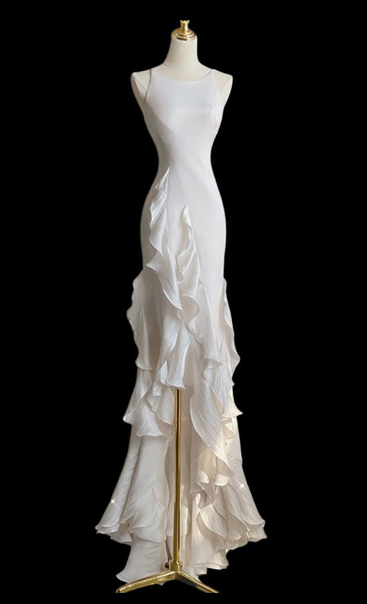 New Elegant Mermaid White Stain High Low With Contoured Long Prom Dresses, Formal Evening Dresses GG062