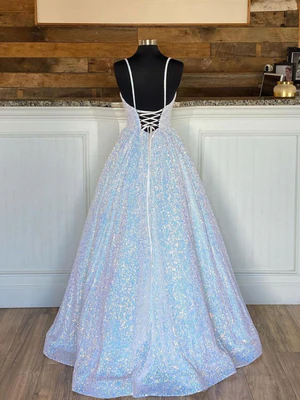 New Sparkly A Line Spaghetti Straps V Neck Backless Prom Dresses, Open Back Shiny Formal Graduation Dresses GG072