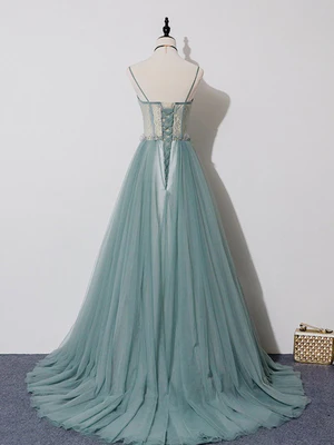 New Elegant A Line Spaghetti Straps  Lace Long Prom Dresses, Long Formal Evening Dresses  GG075