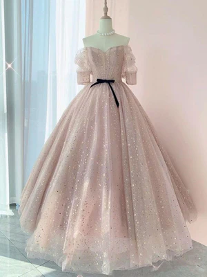 New Sweet A Line Off The Shoulder Half Sleeves Shiny Pink Sequin Prom Dresses, Shiny Pink Long Formal Evening Dresses GG076