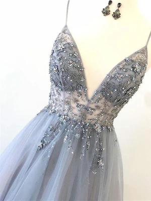 New Elegant A Line  Silver Grey V Neck Floor Length Long Beaded Prom Dresses, Formal Evening Dresses GG079