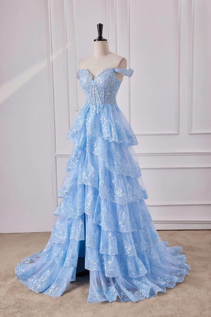 New Shiny  A Line Off The Shoulder Lace Layered Sequin Ruffles  Long Prom Dresses ,Long  Formal Evening Dresses GG084