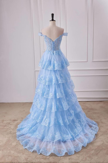 New Shiny  A Line Off The Shoulder Lace Layered Sequin Ruffles  Long Prom Dresses ,Long  Formal Evening Dresses GG084