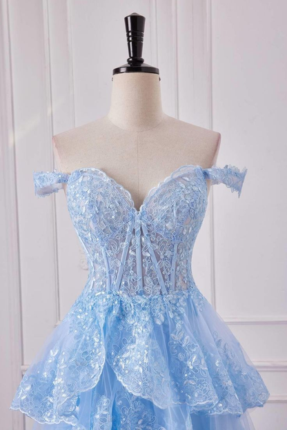 New Shiny  A Line Off The Shoulder Lace Layered Sequin Ruffles  Long Prom Dresses ,Long  Formal Evening Dresses GG084