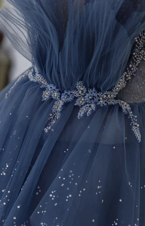 New Shiny A Line Blue Spaghetti Straps Beaded Puffy Long Prom Dresses, Blue Beaded Long Formal Graduation Dresses GG091