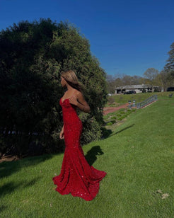 Elegant Mermaid Prom Dress Rhinestone Back Spaghetti Strap Formal Evening Gown with Train DP802