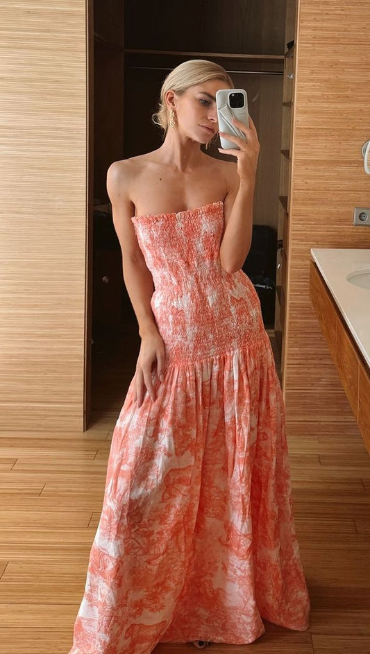Graceful A Line Strapless Satin Printing Long Prom Dress,Evening Dress GG1027