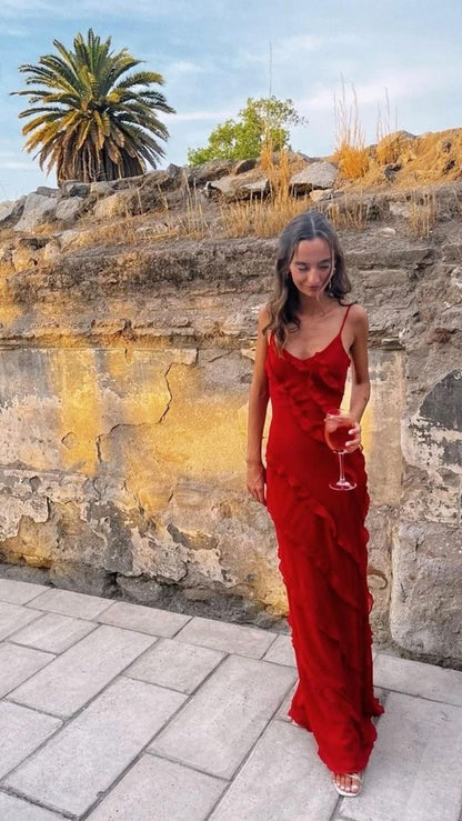 Chic Mermaid Spaghetti Straps Red Satin Ripple Long Prom Dress,Evening Dress GG1029