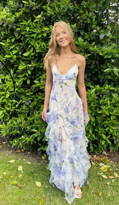 Beautiful A Line Spaghetti Straps Chiffon Printing Ripple Long Prom Dress,Evening Dress GG1034