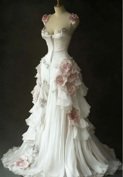 Delicate A Line Flower Straps Chiffon Sweetheart Floral Applique Long Prom Dress,Evening Dress GG1059