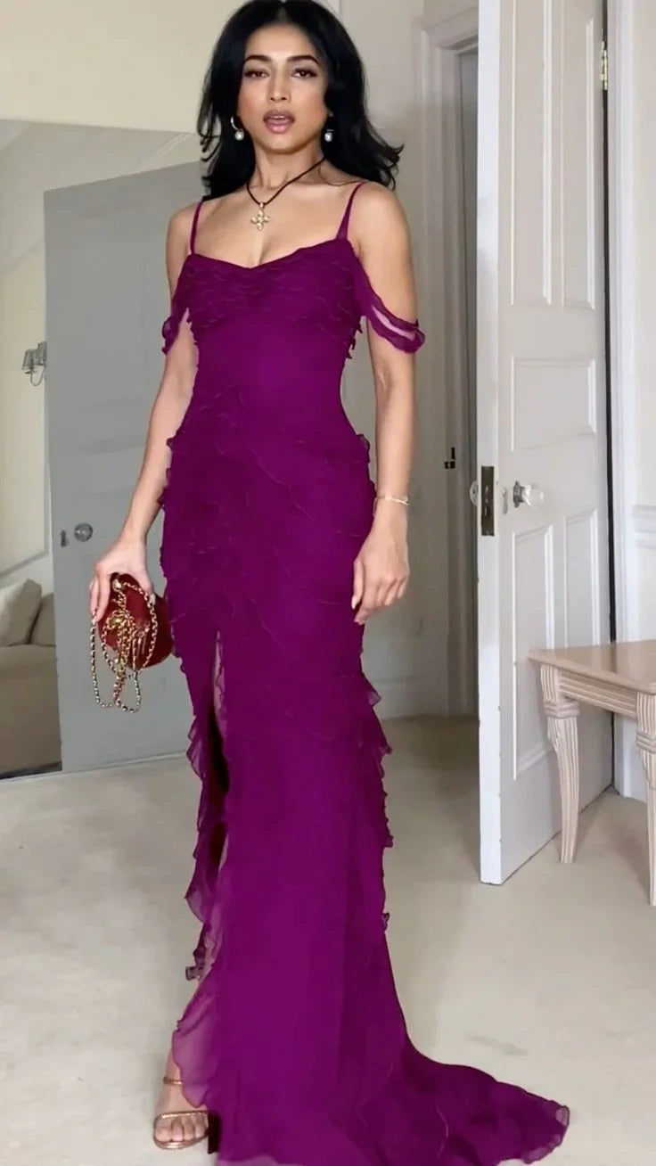 Sexy Mermaid Spaghetti Straps Off The Shoulder Chiffon Slit Long Prom Dress,Evening Dress GG1064