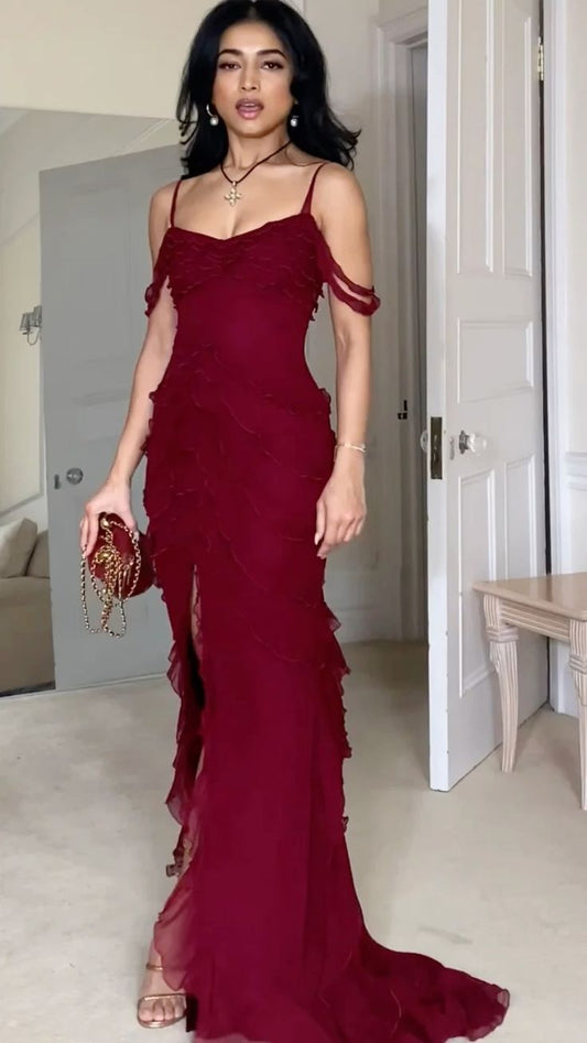 Sexy Mermaid Spaghetti Straps Off The Shoulder Chiffon Slit Long Prom Dress,Evening Dress GG1064