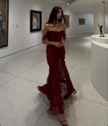Sexy Mermaid Spaghetti Straps Off The Shoulder Chiffon Slit Long Prom Dress,Evening Dress GG1064