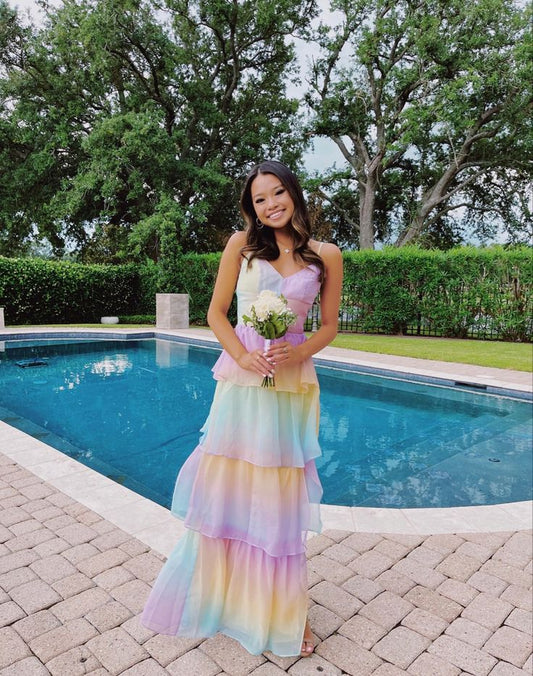 Colorful A Line Spaghetti Straps Tiered Chiffon Long Prom Dress,Evening Dress GG1082