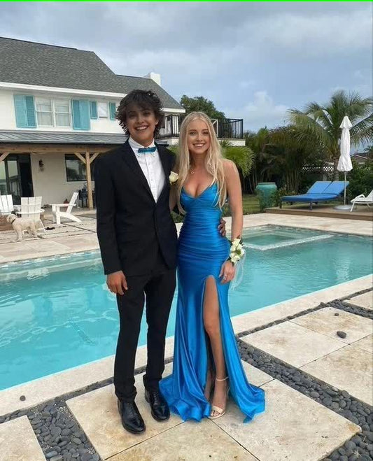 Sexy Mermaid Spaghetti Straps Blue Satin Slit Long Prom Dress,Evening Dress GG1092